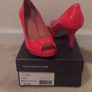 Coral patent peep toe pumps
